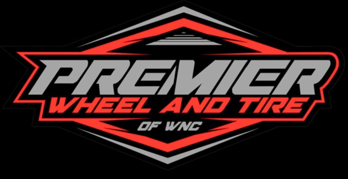 Premier Wheel and Tire of WNC logo in red, black, and white on a black background