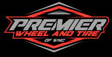 Premier Wheel and Tire of WNC logo in red, black, and white on a black background