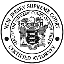 The New Jersey Supreme Court Certified Attorney seal featuring the state coat of arms surrounded by circular text.