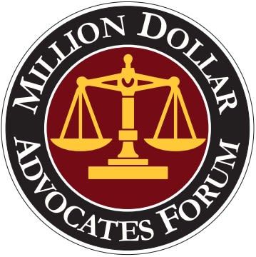 A circular logo with a gold scale of justice on a maroon background, surrounded by the text "Million Dollar Advocates Forum."