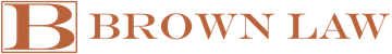 The text "BROWN LAW" in a brown, serif font, preceded by a capital "B" enclosed in a thin, square border.