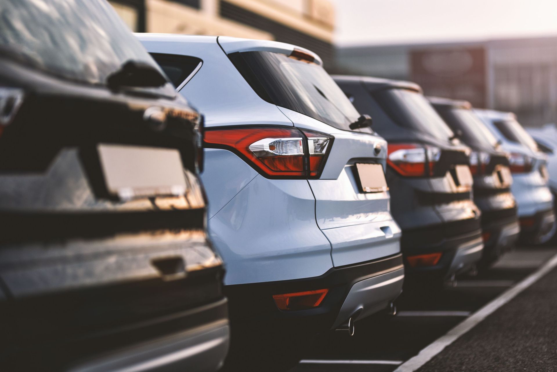 A row of cars parked in an outdoor lot during the day, focusing on the rear views of a dark and a white vehicle.