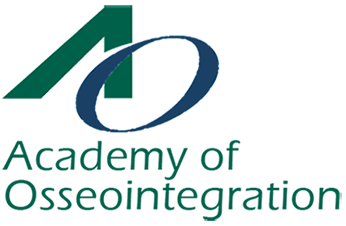 Academy of Osseointegration logo with green and blue abstract mark and teal text