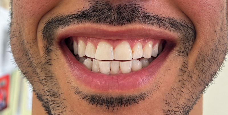 Close-up of a smiling mouth with white teeth and pink lips
