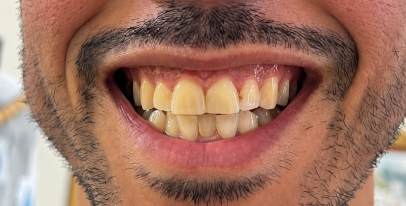 Close-up of a smiling mouth showing white teeth with a small gap between the front teeth