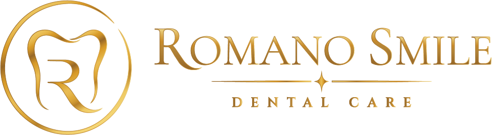 Romano Smile Dental Care logo with gold heart and monogram on white background