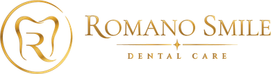 Romano Smile Dental Care logo with gold tooth icon and elegant gold text on white background