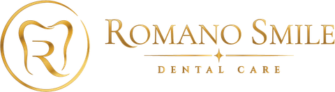 Romano Smile Dental Care logo with gold tooth icon and elegant gold text on white background