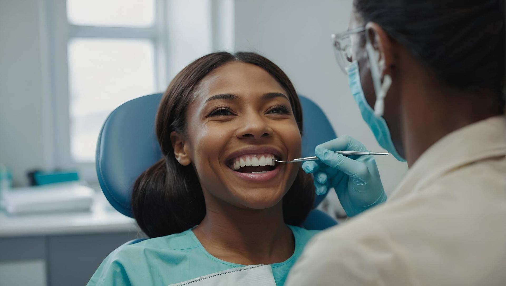 Dental patient smiling during an exam while a dentist uses a tool in a clinic