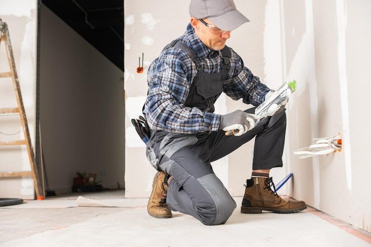Worker kneeling and measuring a wall during home renovation, holding a tool in a bright room.