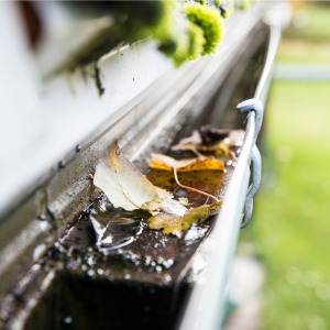 Leaves and debris clogging a rain gutter beside a house, with water pooling near the edge.