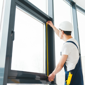 Worker installing a black window frame in a bright room