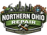 Northern Ohio Repair logo with city skyline, wrench, helmet, and house icon on green banner