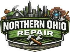 Northern Ohio Repair logo with city skyline, wrench, helmet, and house icon on green banner