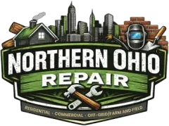 Northern Ohio Repair logo with city skyline, house, tools, and brick wall on green banner