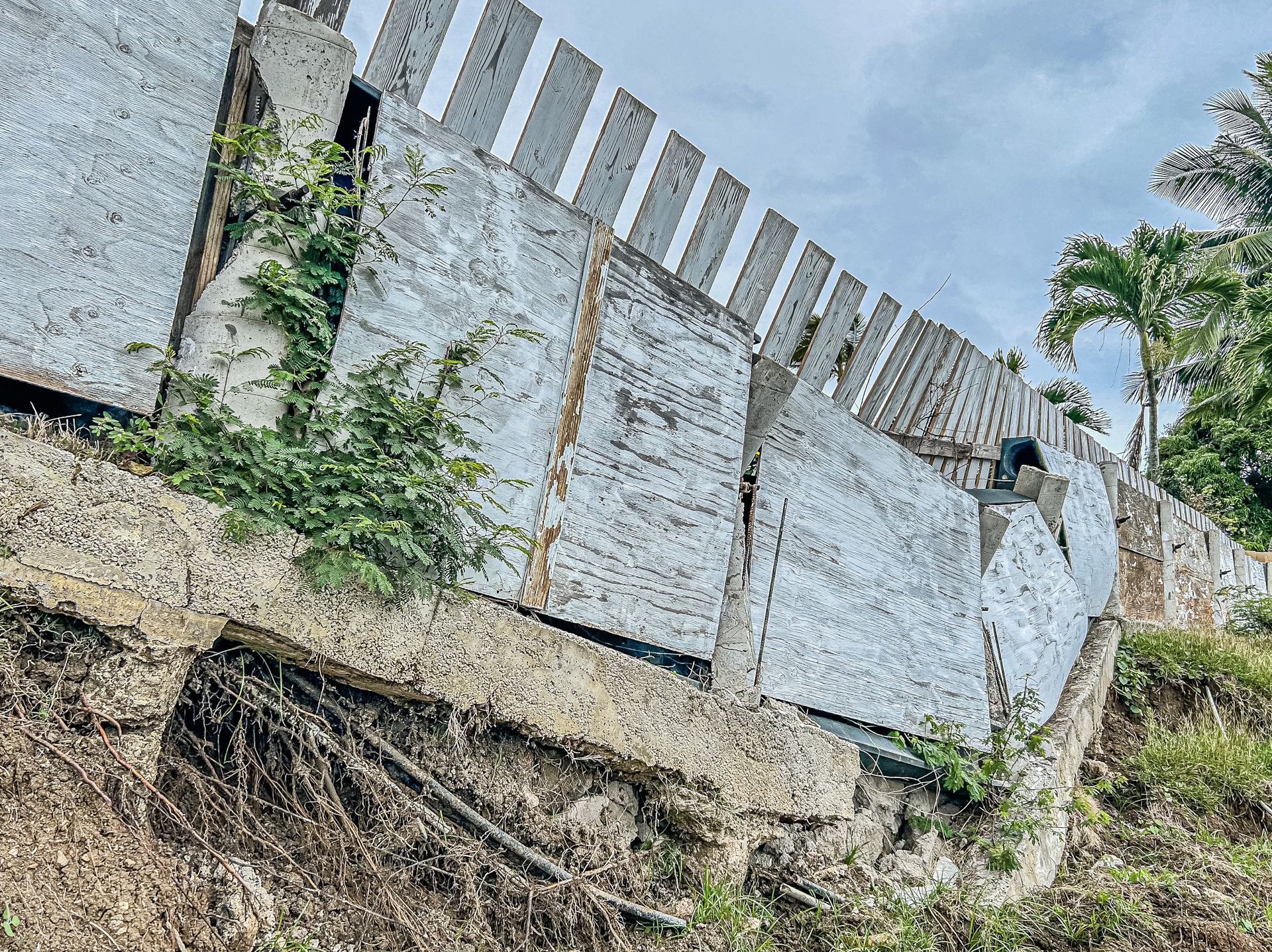 A damaged concrete-and-timber boundary fence stands above an eroded slope, with its supporting grade beam exposed.
