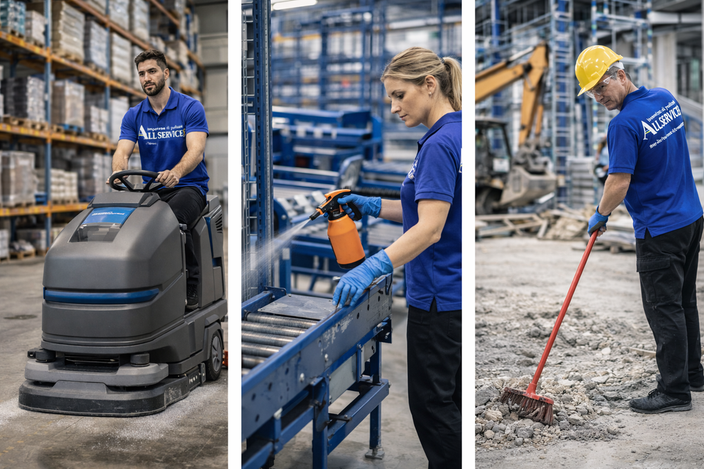 Tre operai in camice blu puliscono gli spazi industriali: il pavimento del magazzino, il nastro trasportatore e il cantiere.