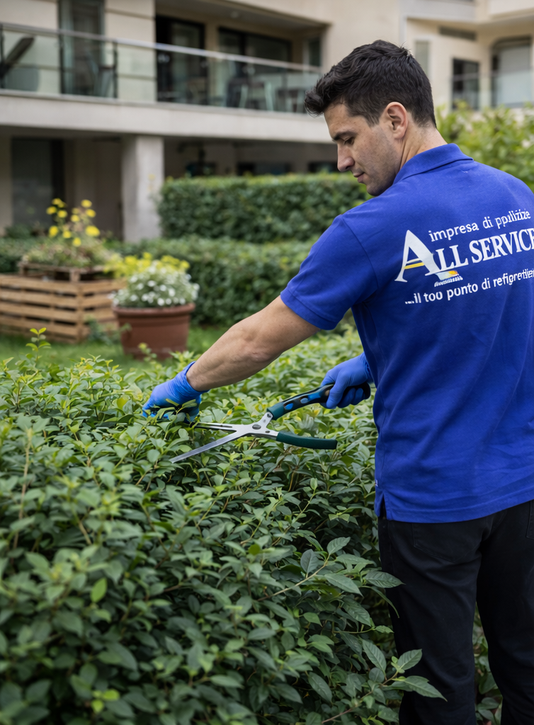 Uomo con camicia blu che pota una siepe in un giardino.