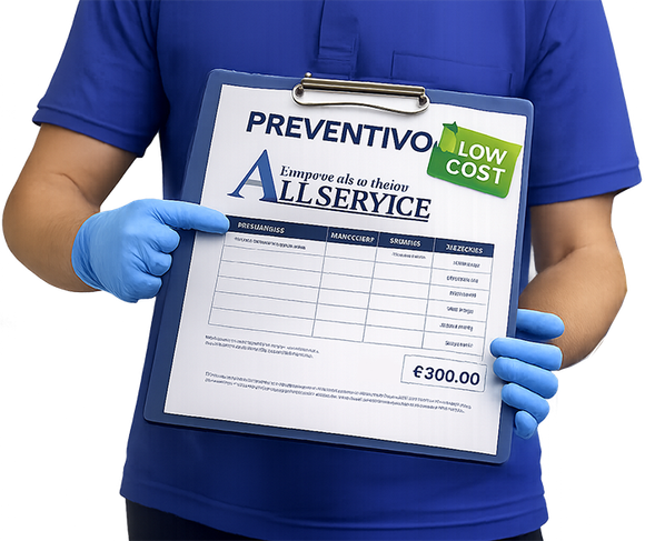 Persona vestita di blu che tiene in mano un blocco per appunti con un preventivo