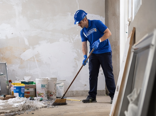 Una persona con una camicia blu e un casco spazza un cantiere edile.