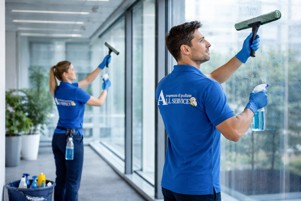 Due persone con camicie blu puliscono una finestra con bombolette spray e tergivetro.