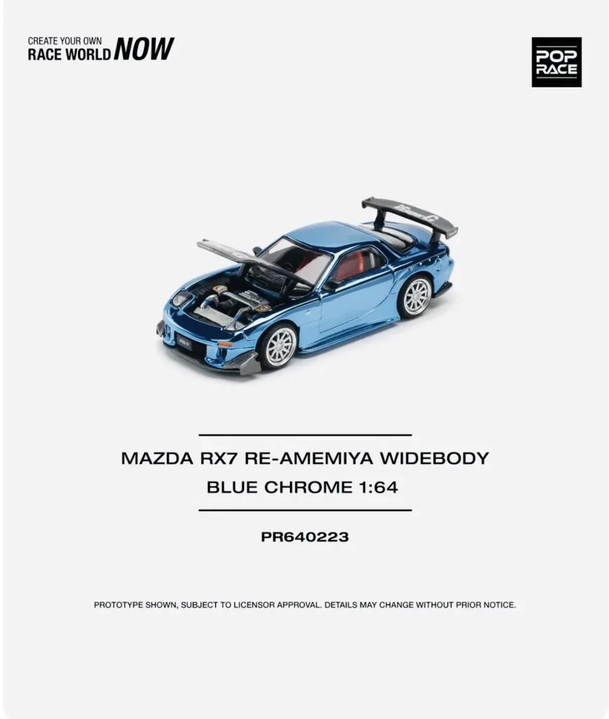 Mazda RX-7 RE-Amemiya Widebody RHD (Right Hand Drive) Blue Chrome with Carbon Hood 1/64 Diecast Model Car by Pop Race