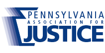 The pennsylvania association for justice logo is blue and white.