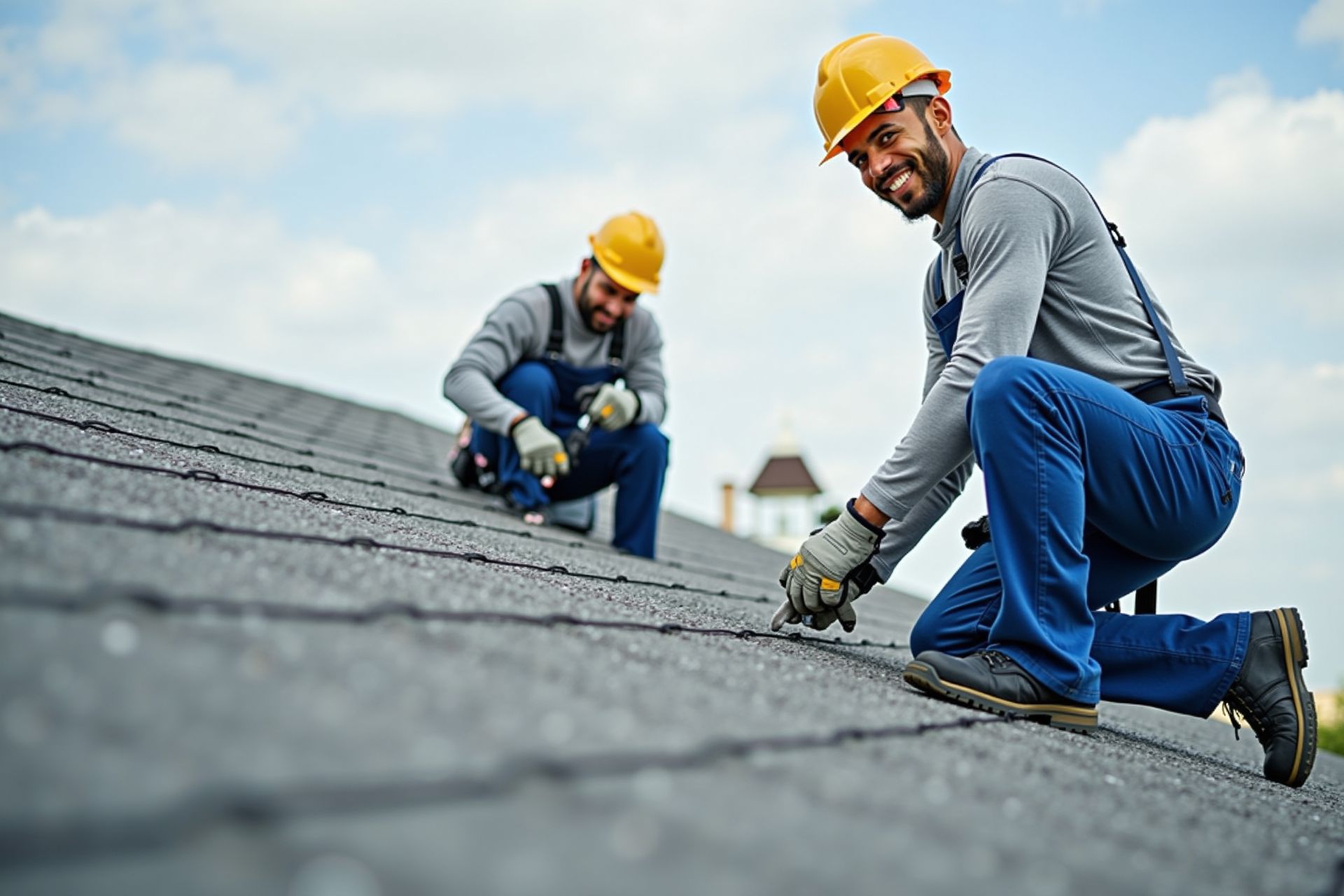 Two roofers in hard hats and gloves kneeling on a sloped roof, installing asphalt shingles by hand.
