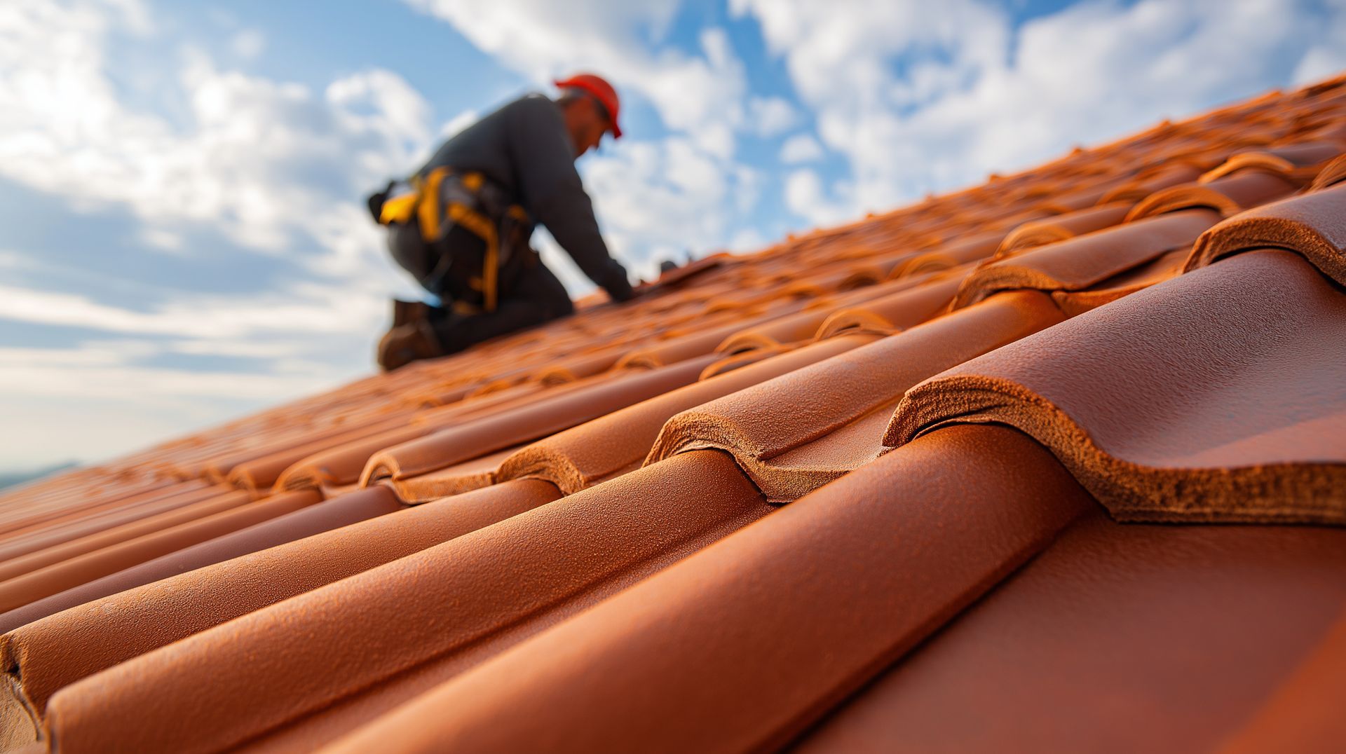 A roofer in a safety harness carefully installs red clay tile roofing beneath a partly cloudy sky.