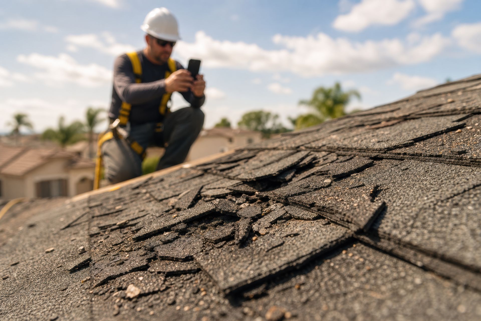 Close-up of cracked asphalt shingles as a roofer in a hard hat photographs the roof repair damage.