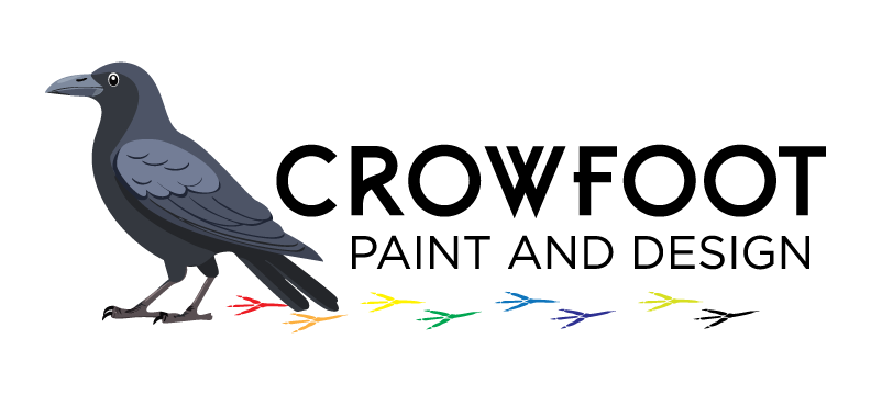 The logo for crowfoot paint and design has a crow on it.