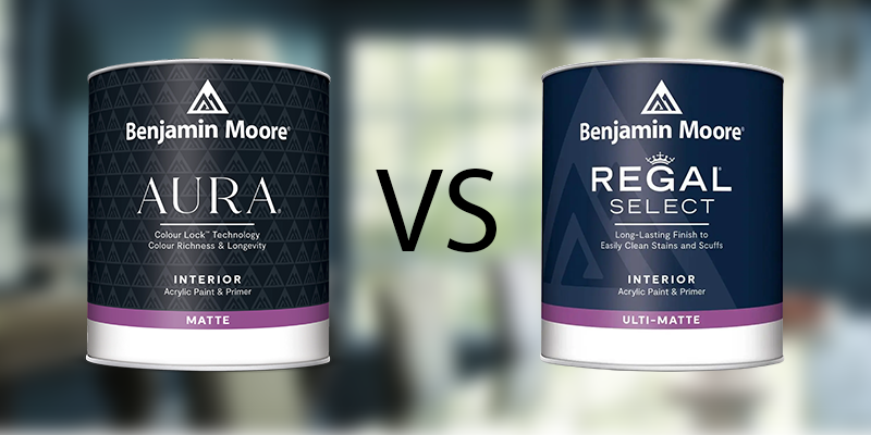 Benjamin Moore Aura and Regal Select paint cans side by side with “VS” between them