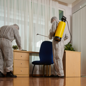 Two workers in protective suits disinfect an office desk with a sprayer and cleaning tools.