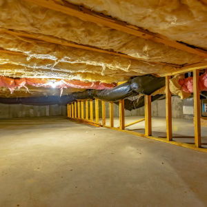 Unfinished basement with exposed insulation, wooden support posts, and a concrete floor.