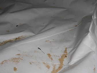 Wrinkled white plastic sheet with brown dirt stains and a small dark mark