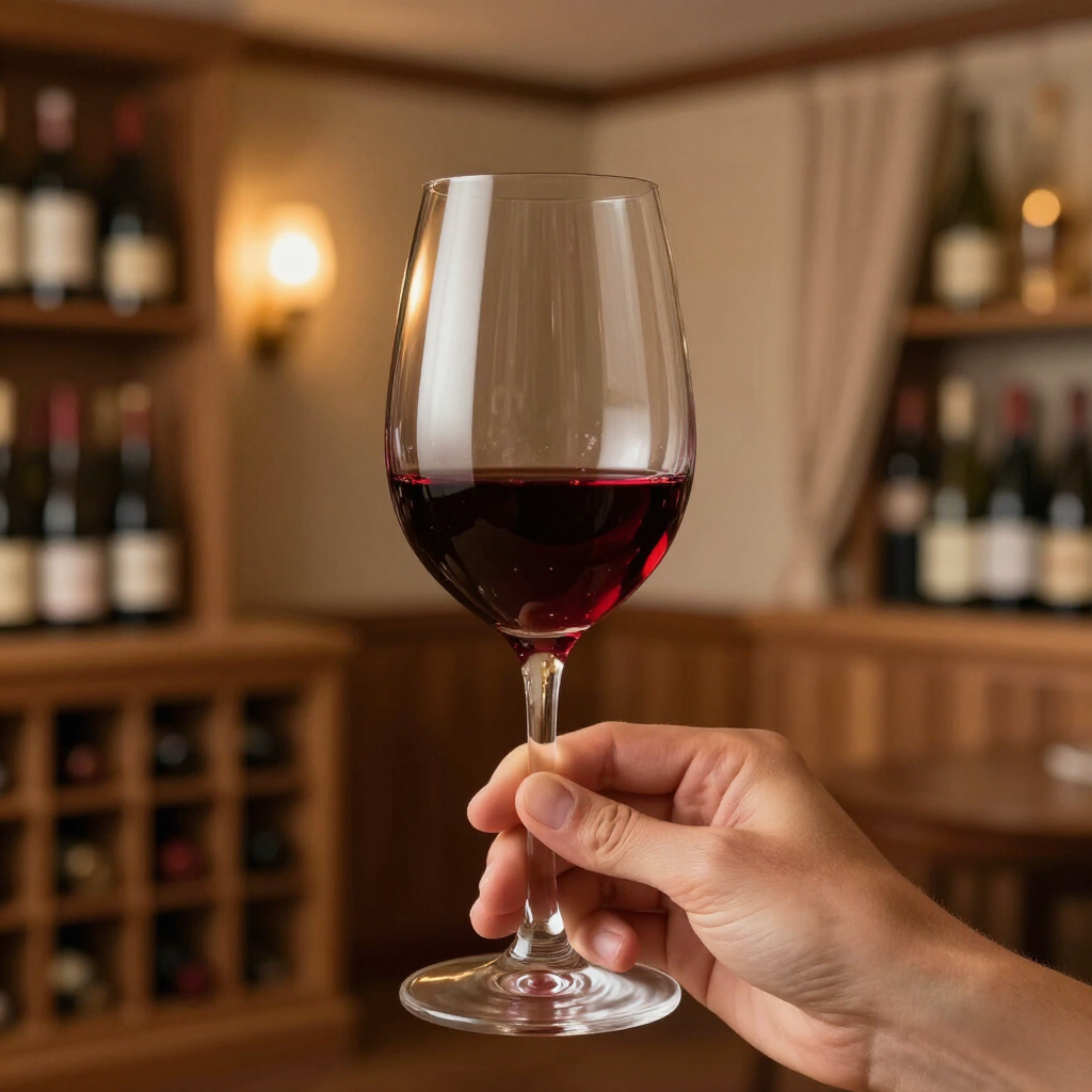 Hand die een glas rode wijn vasthoudt in een sfeervol verlichte wijnkelder.