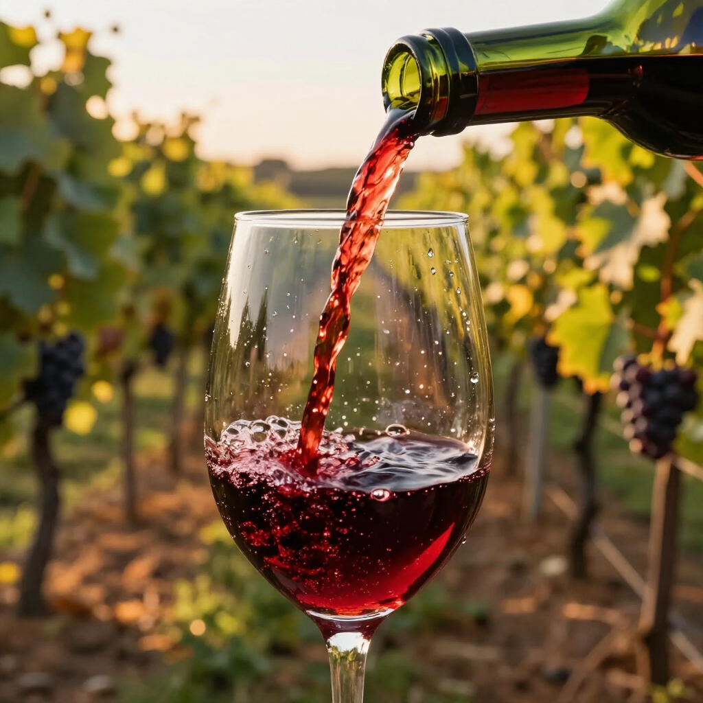 Wijn die in een glas wordt geschonken in een wijngaard bij zonsondergang.