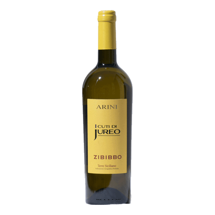 Fles Arini Zibibbo witte wijn met een gele dop en een crèmekleurig etiket op een witte achtergrond.