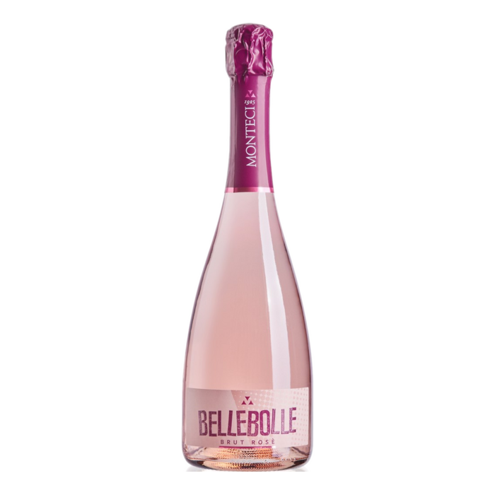 Fles roze Belvéglise rosé mousserende wijn met in folie gewikkelde kurk op een witte achtergrond.