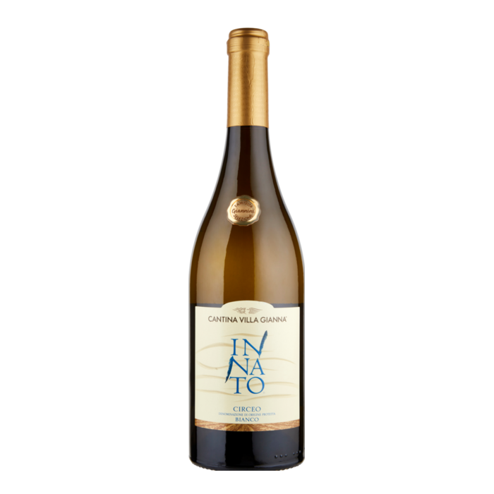 Fles witte wijn met gouden dop en wit etiket met de tekst