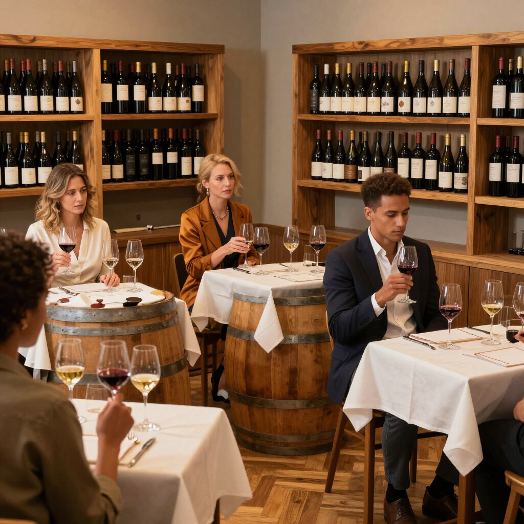Mensen dineren in een restaurant in een wijnkelder, zittend aan tafels van wijnvaten met wijnflessen op houten planken.