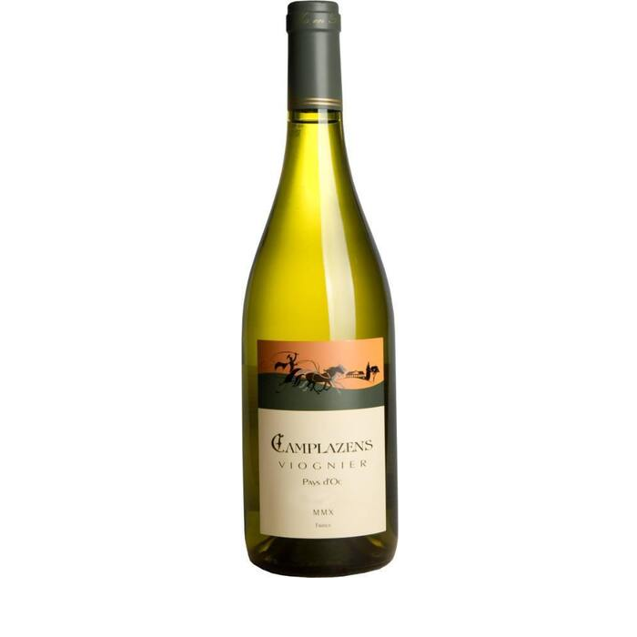 Een enkele fles witte wijn van Campagnes op een witte achtergrond.