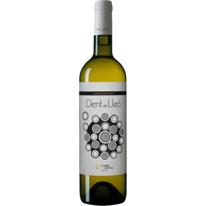 Fles DentoLivo witte wijn in een groene glazen fles met een zilverkleurig etiket op een witte achtergrond.