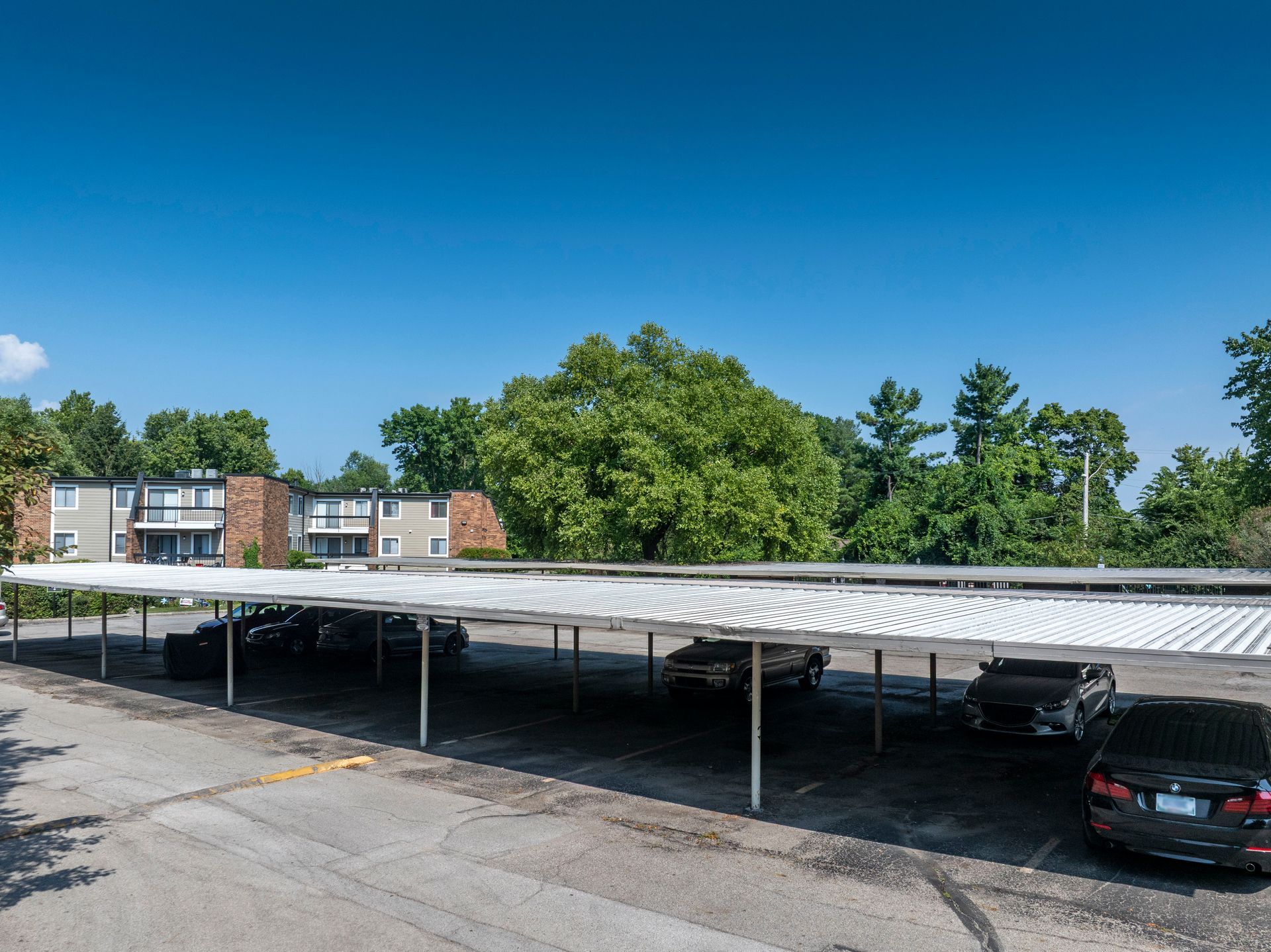Covered parking lot with a few cars, apartment buildings, trees, and a clear blue sky