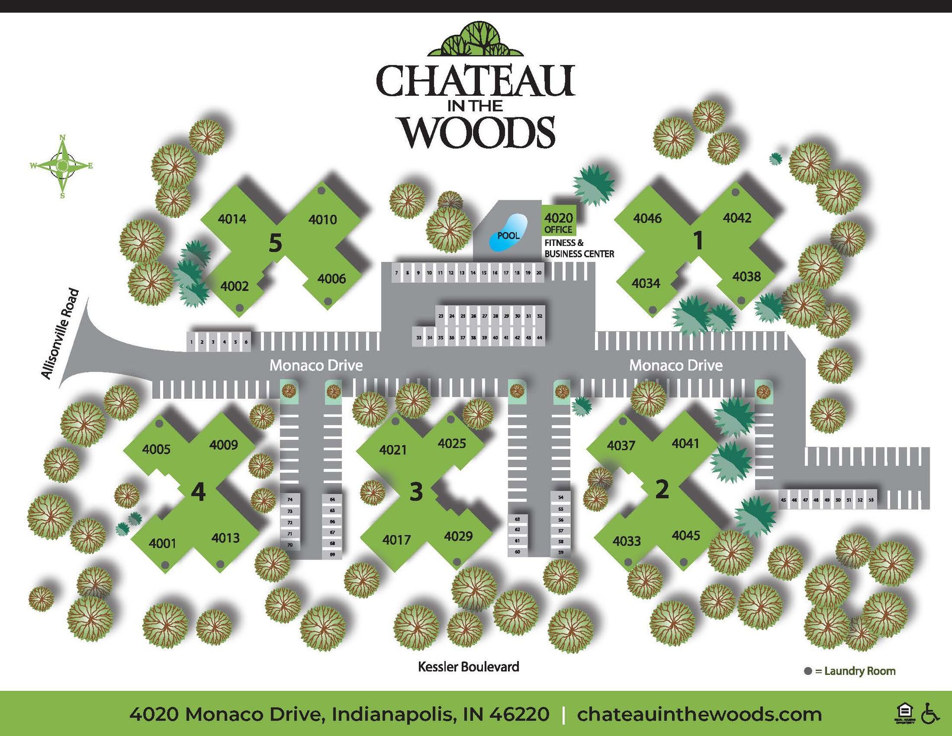 Apartment complex site plan with parking lots, trees, and labeled buildings