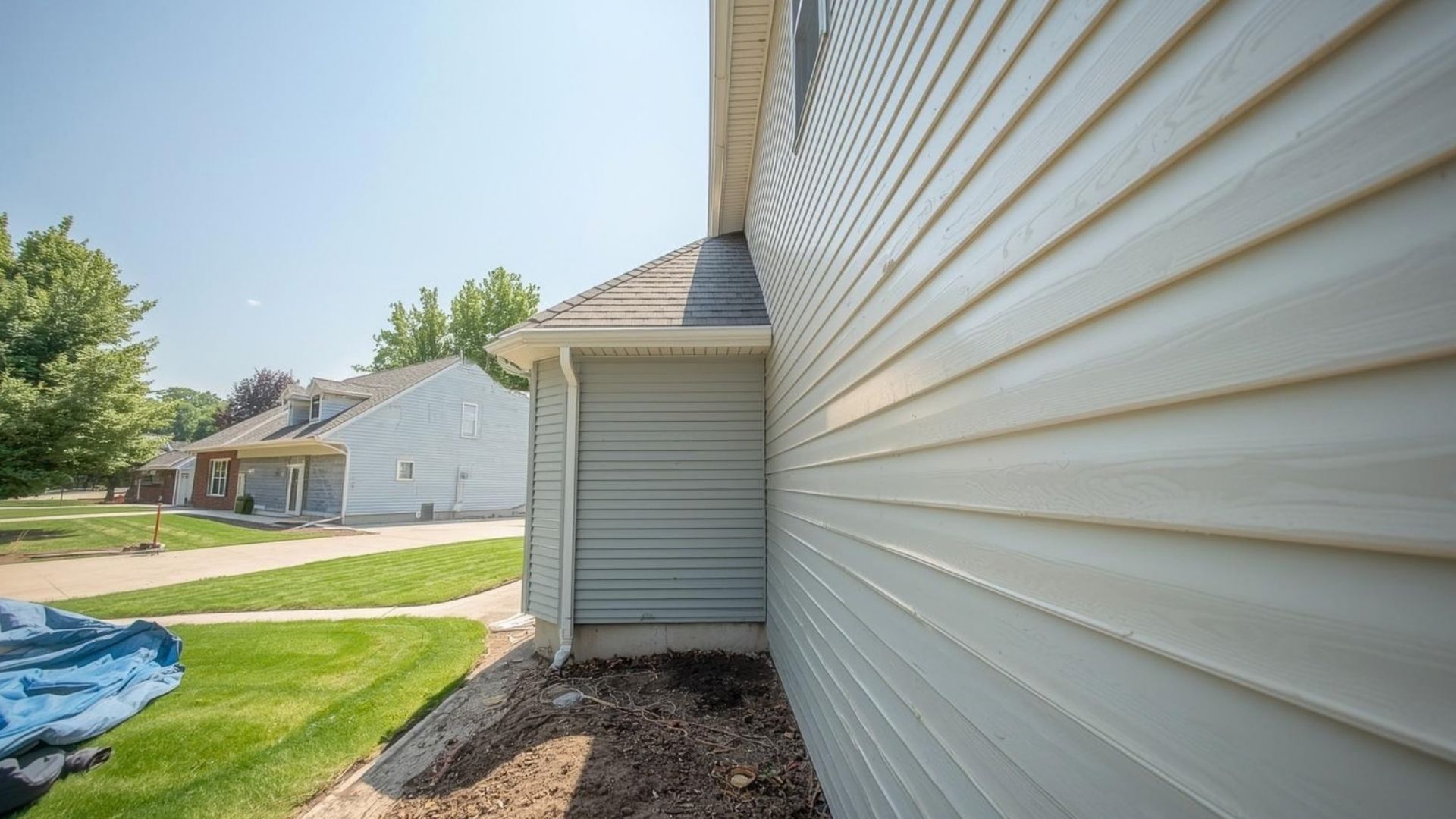 Side of a white house with vinyl siding, narrow walkway, and green lawn in a suburban neighborhood