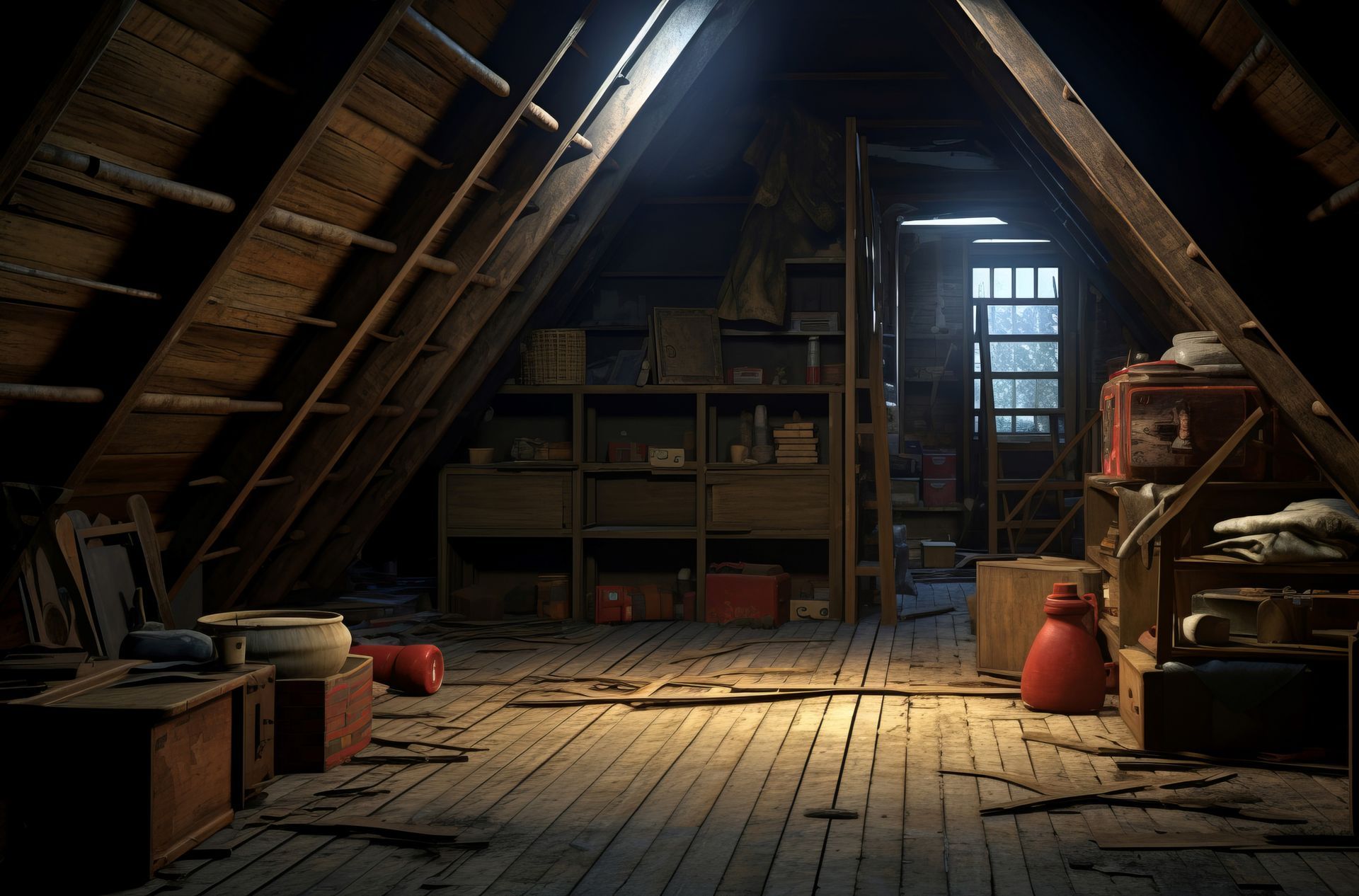 Dim attic with wooden beams, shelves of boxes, and a sunlit window over a worn floor.
