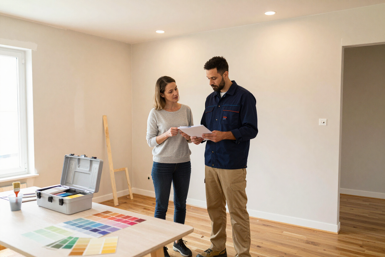 Handyman and homeowner reviewing project details