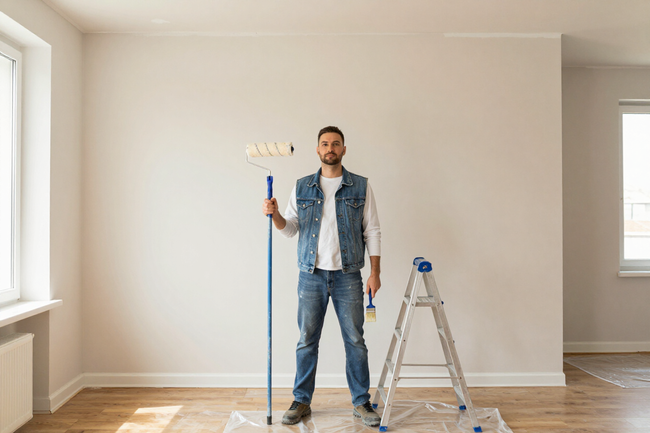 Painter standing with roller in a mostly empty room beside a ladder and paint cans