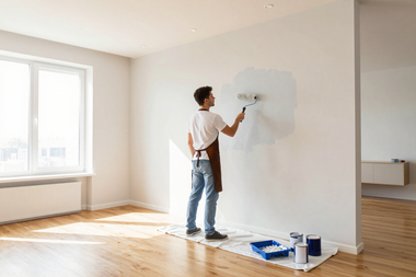 Person painting a white wall in a sunlit room with a paint tray and tools on the floor